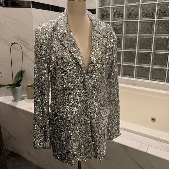 AZALEA WANG  SEQUIN BLAZER JACKET SILVER XL - Picture 2 of 12